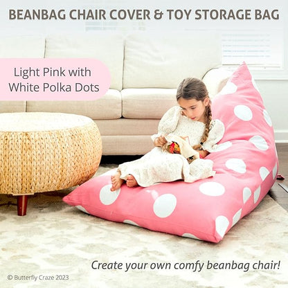 Butterfly Craze Bean Bag Chair Cover, Functional Toddler Toy Organizer, Fill with Stuffed Animals to Create a Jumbo, Comfy Floor Lounger for Boys or Girls, Stuffing Not Included, Light Pink Polka Dots