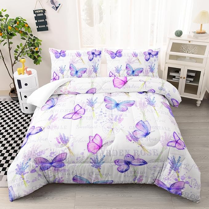 Purple Butterfly Comforter Set Twin Size for Girls Kids Adults Lavender Flowers Pattern Bedding Set Aesthetics Butterflies Quilt Bed Set with 1 Comforter and 2 Pillowcases
