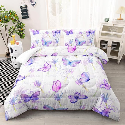 Purple Butterfly Comforter Set Twin Size for Girls Kids Adults Lavender Flowers Pattern Bedding Set Aesthetics Butterflies Quilt Bed Set with 1 Comforter and 2 Pillowcases
