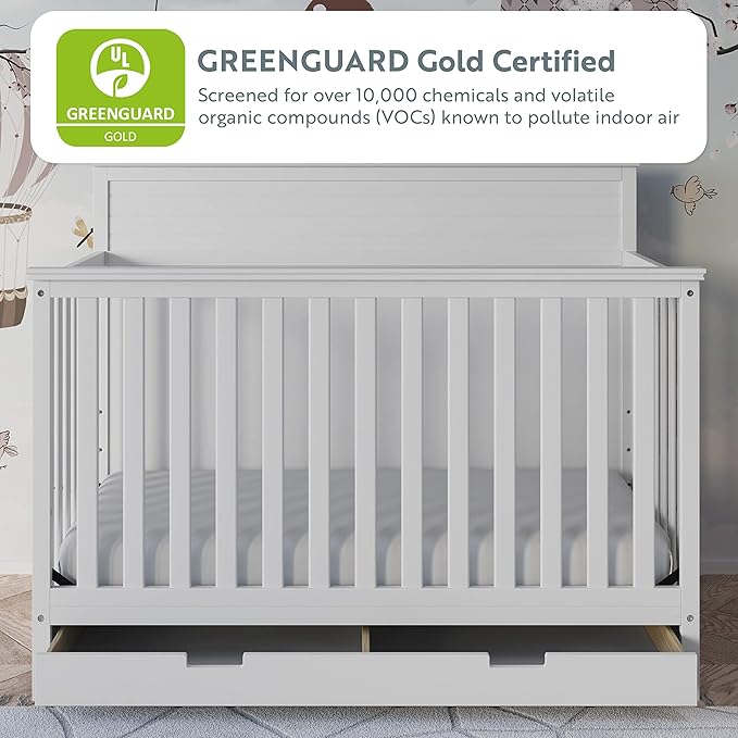 STORKCRAFT Homestead 5-in-1 Convertible Crib with Drawer (Pebble Gray) – GREENGUARD Gold Certified, Crib with Drawer Combo, includes Nursery Storage Drawer, Converts to Toddler Bed and Full-Size Bed