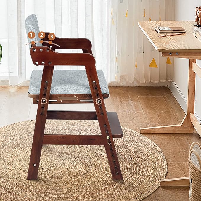 Ezebaby Wooden High Chair for Toddlers to Teens, Adjustable Kids Study Chair with Steps, Kids Dining Chair with Removable Cushion (Nut-Brown)