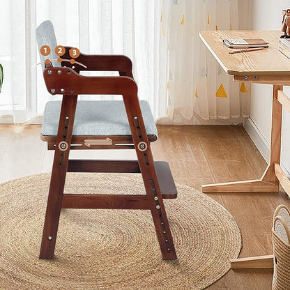 Ezebaby Wooden High Chair for Toddlers to Teens, Adjustable Kids Study Chair with Steps, Kids Dining Chair with Removable Cushion (Nut-Brown)