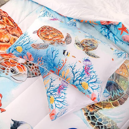 CVHOUSE Sea Turtle Comforter Set,Ocean Watercolor Sea Turtle Bedding Set for Kids Teens,Ocean Sea Turtle Comforter Sea Turtle Duvet Set Room Decor Quilt Set Twin Size