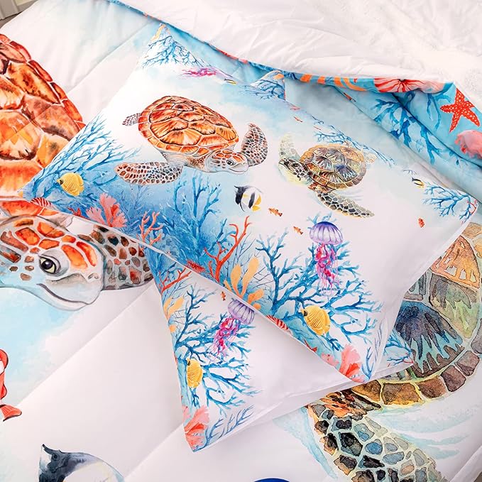 CVHOUSE Sea Turtle Comforter Set,Ocean Watercolor Sea Turtle Bedding Set for Kids Teens,Ocean Sea Turtle Comforter Sea Turtle Duvet Set Room Decor Quilt Set Full Size