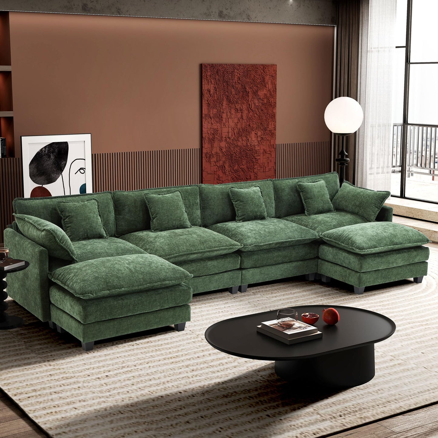 Ihanherry 111.4" L Shaped Modern Sofa Modular Sectional Cloud Couch with Ottoman, 4-Seat Chenille Deep Seat Sofa with Pillow for Living Room, Bedroom and Apartment, Beige
