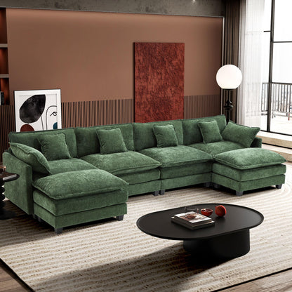 Ihanherry 111.4" L Shaped Modern Sofa Modular Sectional Cloud Couch with Ottoman, 4-Seat Chenille Deep Seat Sofa with Pillow for Living Room, Bedroom and Apartment, Beige