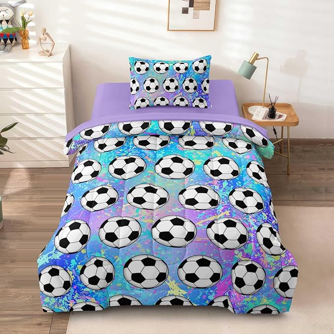 4 Piece Girls Soccer Bedding Set Twin Size Colorful Soccer Comforter Set for Teen Girls Kids Twin Bed in a Bag Set with Sheets Twin Bed Sets for Teenage