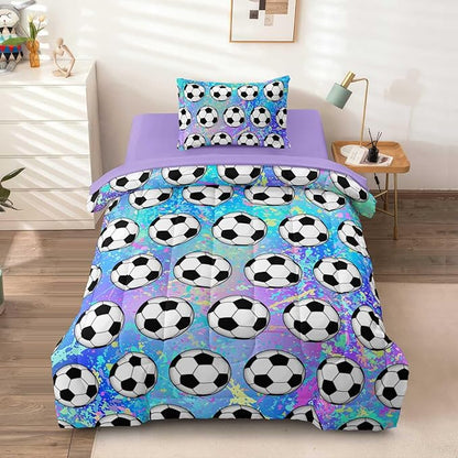 4 Piece Girls Soccer Bedding Set Twin Size Colorful Soccer Comforter Set for Teen Girls Kids Twin Bed in a Bag Set with Sheets Twin Bed Sets for Teenage