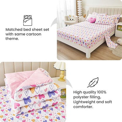 Mooreeke Full Size Comforter Sets for Girls Kids, 8 Pieces Bed in a Bag Pink Heart Bedding Comforter Sheet Set with Shams and Decorative Toy Pillow, Ultral Soft Microfiber Kids Bed Set
