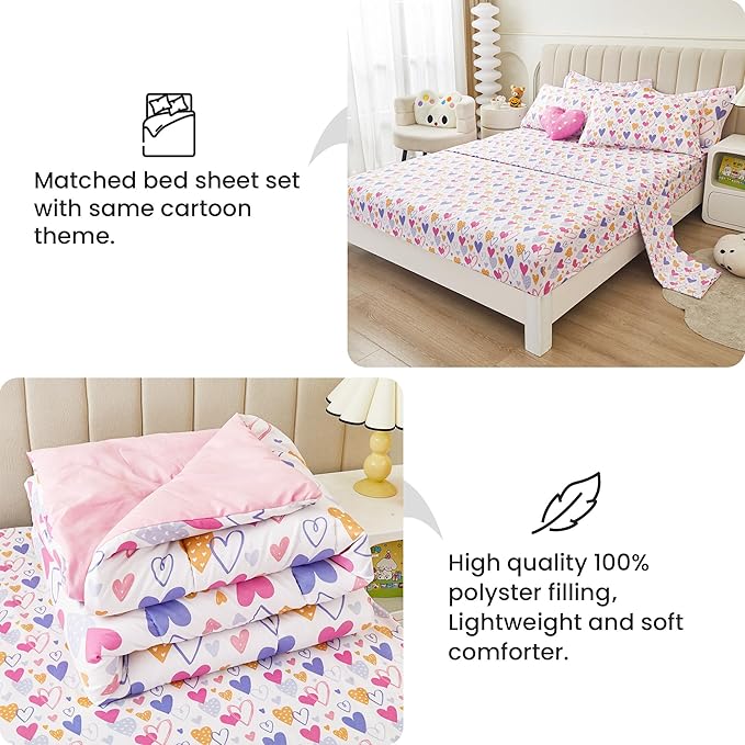 Mooreeke Twin Size Comforter Sets for Girls Kids, 6 Pieces Bed in a Bag Pink Heart Bedding Comforter Sheet Set with Shams and Decorative Toy Pillow, Ultral Soft Microfiber Kids Bed Set