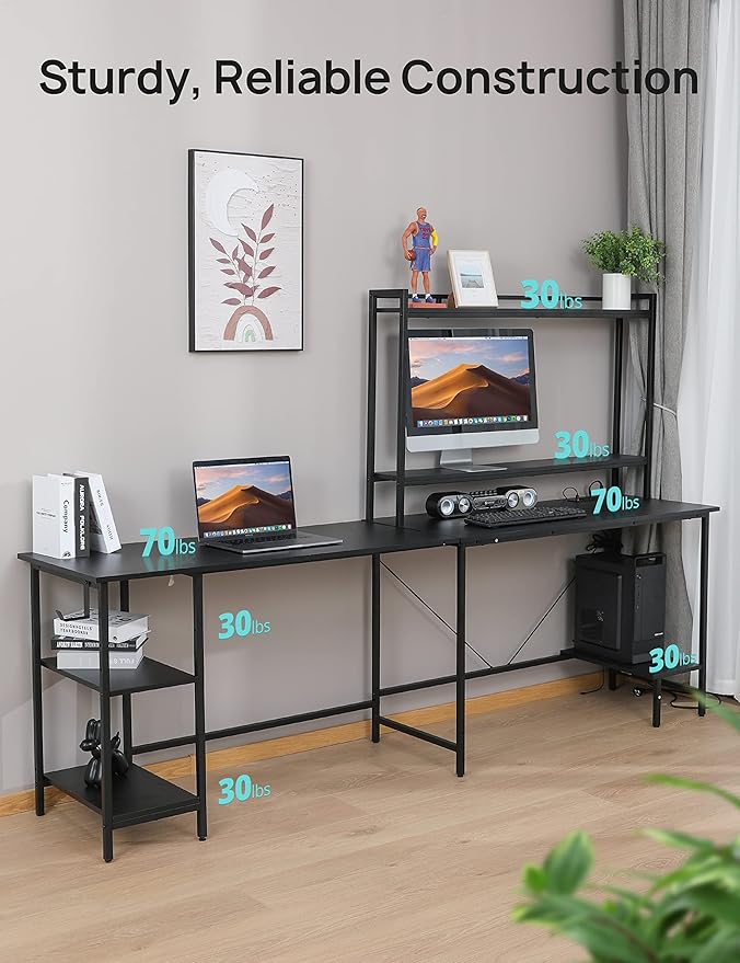 Evajoy L Shaped Computer Desk with Power Outlets and USB Ports, Reversible L-Shaped Corner Gaming Desk with Storage Shelves, 94.5’’ Industrial 2 Person Home Office Desk with Monitor Stand for Home