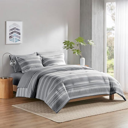 King Size Bed in a Bag, Full Bedding Sets, Modern Farmhouse Grey and White Striped Comforter with Sheets, 7-Piece Complete Bedroom Set
