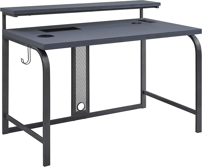 OSP Home Furnishings Reload Gaming Desk with Wireless Charging, USB Power Hub, and Remote Controlled RGB LED Lights, Matte Grey Carbon Fiber