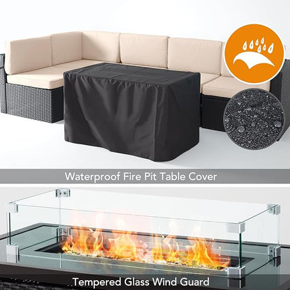Pamapic 8 Pieces Patio Furniture Set Conversation Sofa with 42 Inch 50,000 BTU Auto-Ignition Outdoor Fire with Glass Wind Guard, Wicker Sofa (Black Wicker, Beige Cushions)