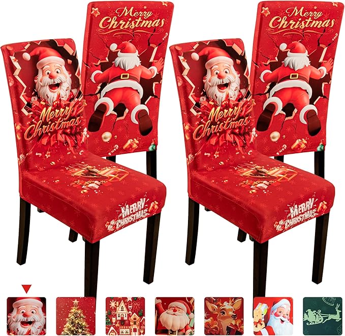 4PCS Christmas Dining Chair Covers Stretch Removable Washable Dining Room Chair Protector Slipcover 3D Print Santa Claus Deer Kitchen Chair Cover Slipcovers Protector for Xmas Holiday Party Home Décor