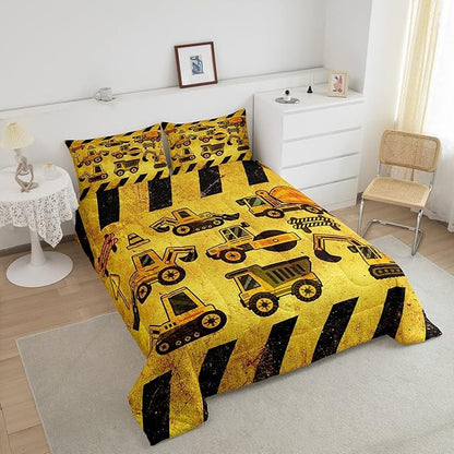 Kids Construction Comforter Set Twin, Boys Cartoon Car Down Comforter, Cartoon Machinery Truck Bedding Set, Yellow Tractor Excavator Super Soft Comforter For Children Teens, Kids Car Theme Room
