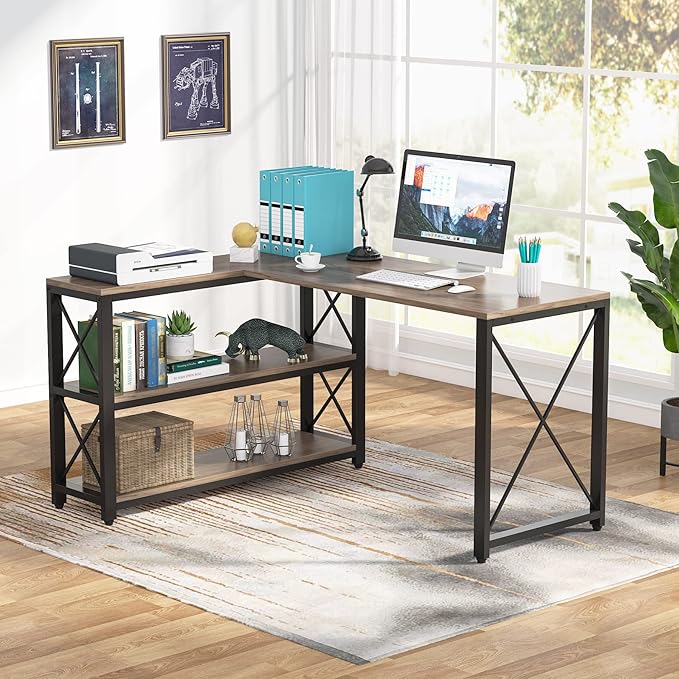 Tribesigns Reversible Industrial L-Shaped Desk with Storage Shelves, Corner Computer Desk PC Laptop Study Table Workstation for Home Office Small Space (Grey, 53")