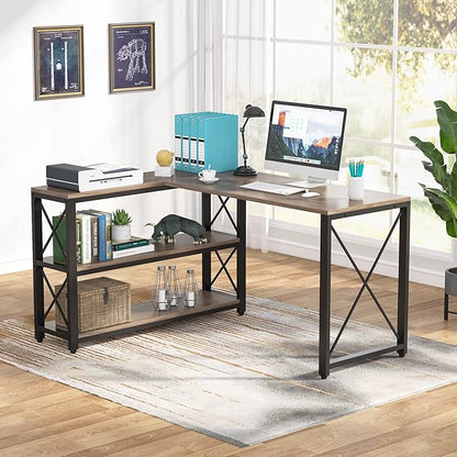Tribesigns Reversible Industrial L-Shaped Desk with Storage Shelves, Corner Computer Desk PC Laptop Study Table Workstation for Home Office Small Space (Grey, 53")