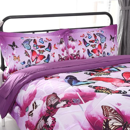 ENCOFT Butterfly Comforter Queen Size, 3 Pieces Girls Teen Kids Quilted Bedspread Queen Bed Comforter Bedding Sets, All Seasons Microfiber Purple Butterfly Bedding Set, with Pillowcase