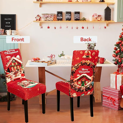 6PCS Christmas Dining Chair Covers Stretch Removable Washable Dining Room Chair Protector Slipcovers Santa Claus House Wreaths Kitchen Chair Cover Slipcover Protector for Xmas Holiday Party Home Décor