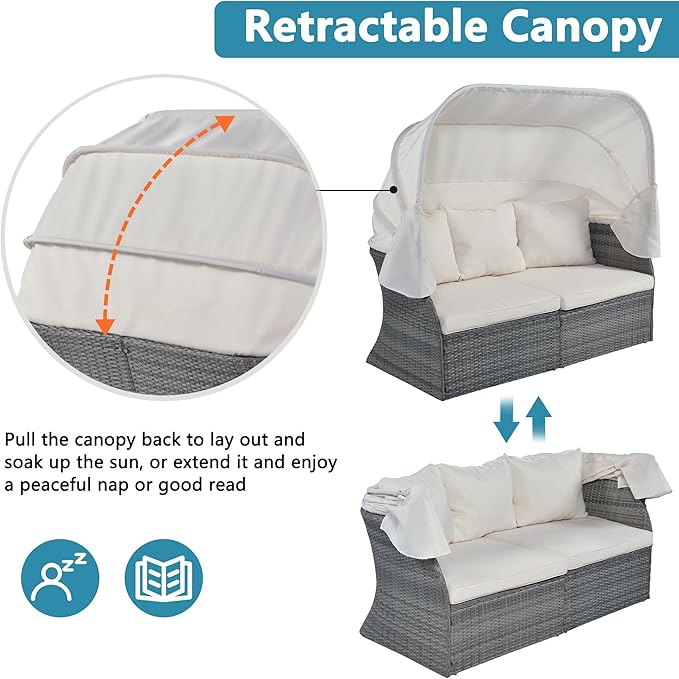 Rectangle Furniture Daybed Sunbed with Retractable Canopy, Outdoor Wicker Conversation Set with Cushions for Patio, Backyard, Porch, Garden, Hc-Beige