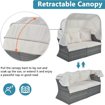 Rectangle Furniture Daybed Sunbed with Retractable Canopy, Outdoor Wicker Conversation Set with Cushions for Patio, Backyard, Porch, Garden, Hb-Beige