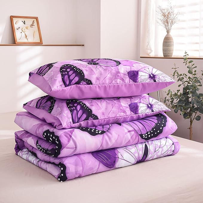 Btargot 3 Piece Purple Butterfly Girls Kids Adults Full Size Comforter Set, Lightweight Soft All Season Bedding Set with 2 Pillowcases