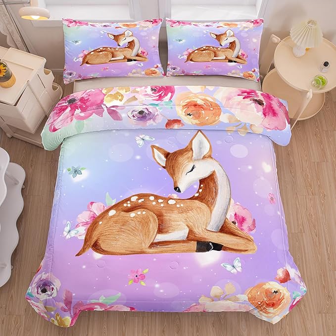 NINENINE Deer Bedding Kawaii Deer Comforter Sets for Girls Kids,Cute Deer Bedding Queen Size Comforter sets for Girls,Watercolor Wildlife Bedding Set with 1 Comforter 2 Pillowcases…