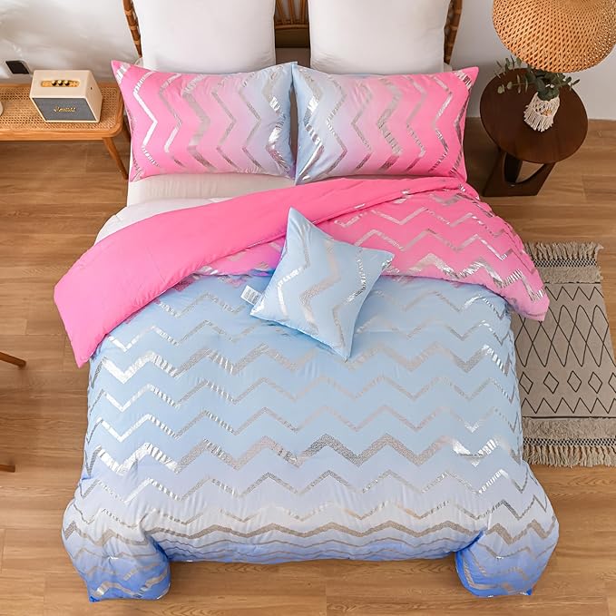 Girls Comforter Set Twin Size Ombre Pink Purple Bedding Rainbow Comforter for Kids Teen Women,3 Pieces (1 Comforter,1 Pillowcase,1 Decorative Pillow Sham)
