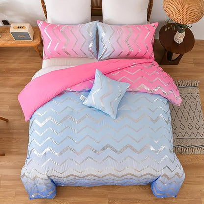 Girls Comforter Set Twin Size Ombre Pink Purple Bedding Rainbow Comforter for Kids Teen Women,3 Pieces (1 Comforter,1 Pillowcase,1 Decorative Pillow Sham)