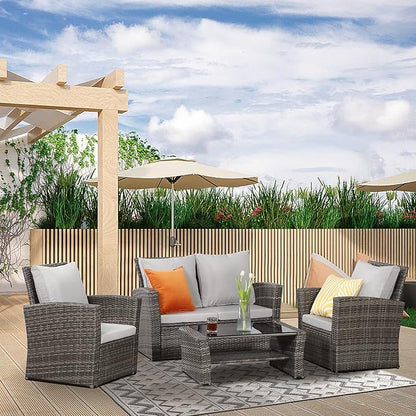 Solaste 4 Piece Patio Outdoor Furniture Sets,Patio Conversation Sofa Wicker Chair with Cushion,Hand Woven Rattan Sofa for Porch Backyard Outside Garden Lawn Yard,Grey