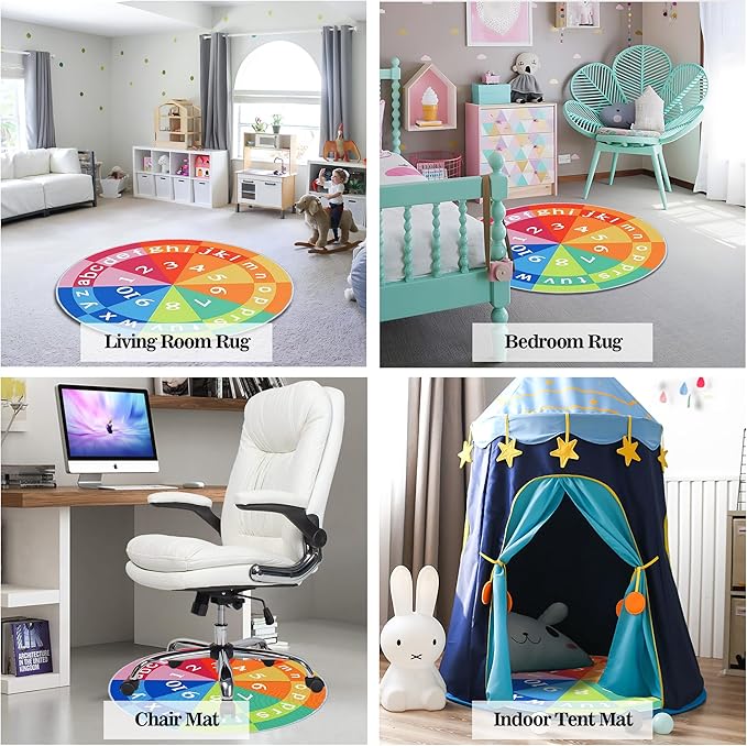 Eanpet Alphabet Circle Rug for Nursery 4ft Round Area Rug for Boys and Girls Nonslip Kids Carpet for Playroom Educational Baby Play Mat Large Indoor Floor Mats for Children Toddlers,Rainbow