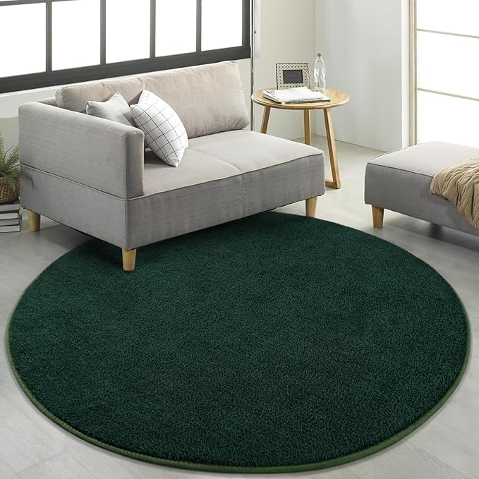 Round Area Rugs for Bedroom Living Room, 5x5 Dark Green Super Soft Comfy Thickened Memory-Foam Indoor Circle Carpet, Modern Aesthetic Minimalist Carpet for Boys Girls Adults Nursery Home Décor
