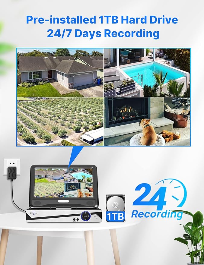 [10CH Expandable] Hiseeu Wireless Security Camera System with 10in LCD 4K Monitor, 4Pcs 5MP Outdoor Indoor Cameras with One-Way Audio, Waterproof, Motion Detect, 1TB HDD/Cloud Storage, Work with Alexa