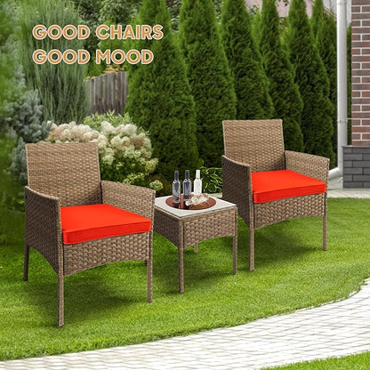 YIYAN 3 Pieces Patio Bistro Set Outdoor Wicker Furniture Outdoor Porch PE Rattan Wicker Chairs Furniture Sets with Sofa Chairs,Glass Coffee Table and Red Washable Cushion