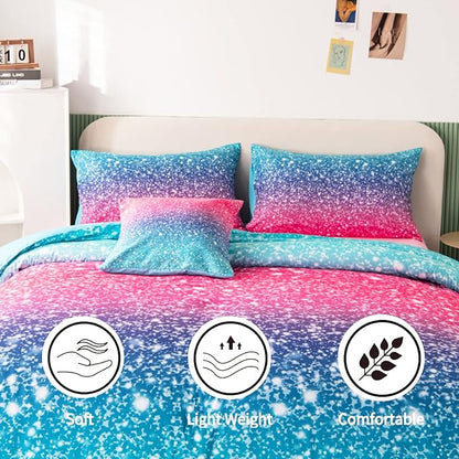 RYNGHIPY 6Pcs 3D Glitter Comforter Bedding Sets for Kids Teens Girls Women, Turquoise Blue Pink Rainbow Quilt Set Queen Size, Ultra Soft Reversible Bed in A Bag