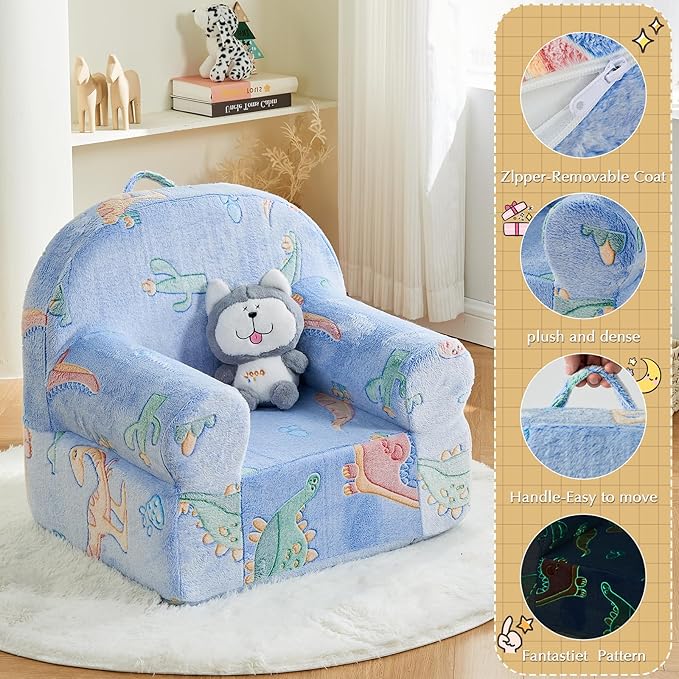 Toddler Chair Kids Plush Chair Kids Sofa Sherpa Kids Chairs, Toddler Couch Bean Bag Chairs for Kids Gaming Chair for Kids Glow in The Dark, Dinosaur