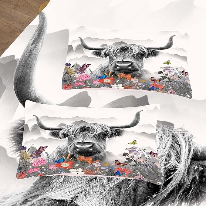 Tailor Shop Highland Cow Comforter Sets Twin Size,Highland Cow Bedding Set for Teens Kids Man,Cattle Comforter Western Animal Wildlife Farmhouse Bull Mountain Flower Comforter with 1 Pillowcase