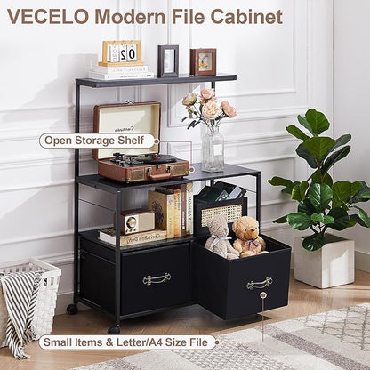 VECELO Mobile Lateral File Cabinet Rolling Printer Stand with 3 Open Storage Shelf, Ideal for Letter Size Folders, with Lockable Casters, Strong Steel Frame, Perfect for Office, Black, 2 Drawer