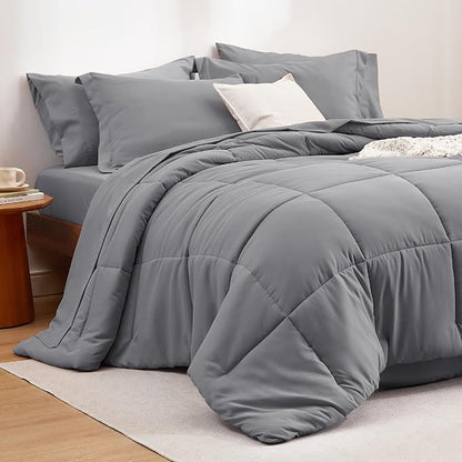 Bedsure Full Size Comforter Set - 7 Pieces Solid Full Bed in a Bag, Full Bed Set Grey with Quilted Warm Fluffy Comforters, Sheets, Pillowcases & Shams