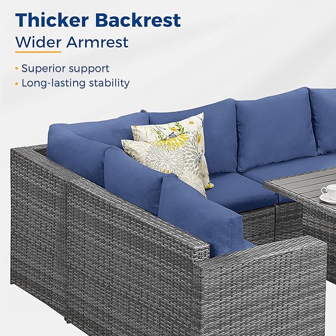 Wisteria Lane Outdoor Patio Furniture Set, 7 Piece Outdoor Dining Sectional Sofa with Dining Table and Chair, All Weather Wicker Conversation Set with Ottoman,Blue