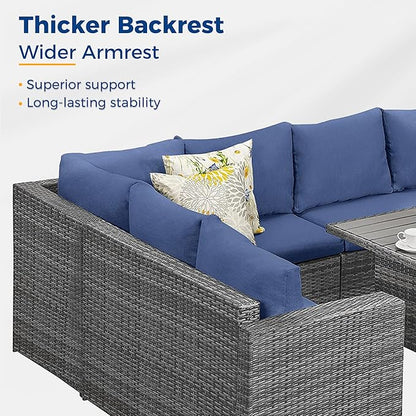 Wisteria Lane Outdoor Patio Furniture Set, 7 Piece Outdoor Dining Sectional Sofa with Dining Table and Chair, All Weather Wicker Conversation Set with Ottoman,Blue
