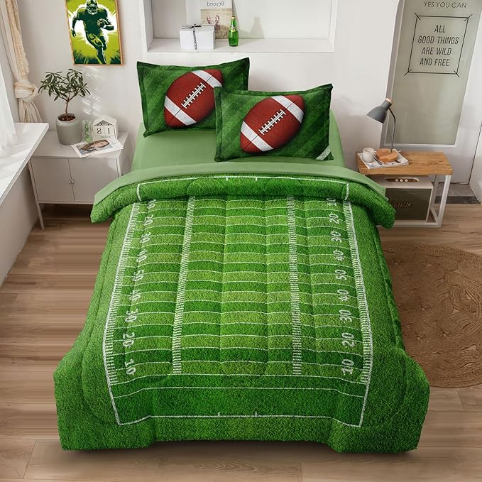 Football Comforter Set Full Size for Teen Boys, Kids Football Field Bedding Green Themed Bedroom Set with Sheets, Full Bed in a Bag Set