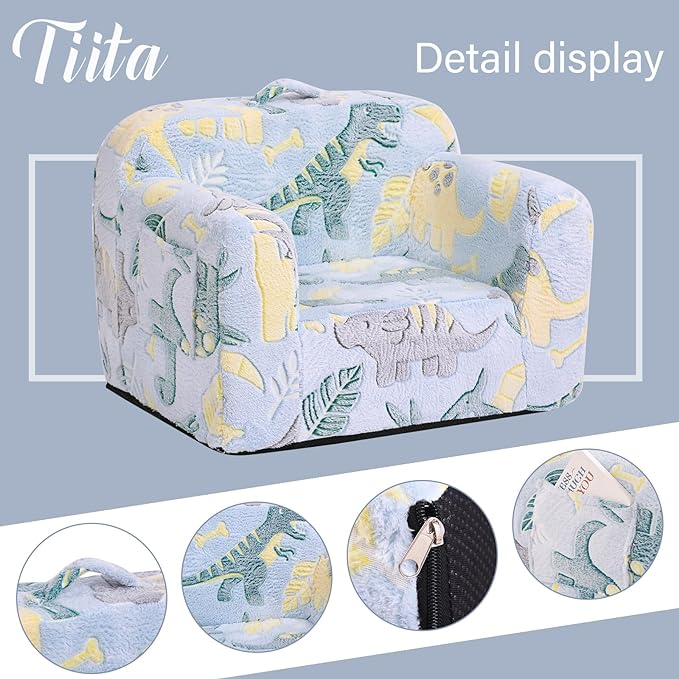 Tiita Kids Sofa, Children Couch with Carrying Handle & Side Pockets, Kids Foam Chair, Toddler Armrest Chair, Lightweight Children Sofa Chair, Kids Read Sofa for Girl or Boy (Grey Dinosaur)