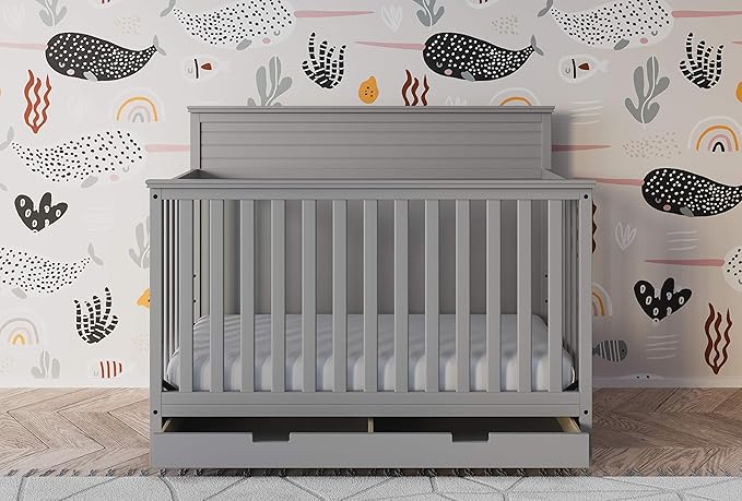 STORKCRAFT Homestead 5-in-1 Convertible Crib with Drawer (Pebble Gray) – GREENGUARD Gold Certified, Crib with Drawer Combo, includes Nursery Storage Drawer, Converts to Toddler Bed and Full-Size Bed