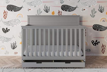 STORKCRAFT Homestead 5-in-1 Convertible Crib with Drawer (Pebble Gray) – GREENGUARD Gold Certified, Crib with Drawer Combo, includes Nursery Storage Drawer, Converts to Toddler Bed and Full-Size Bed