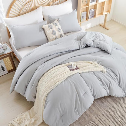 Grey Comforter Queen Size 3PCS Light Grey Comforter with 2 Pillowcases - Ligtweight Soft Solid All Season Queen Comforter Bed Set - Boho Aesthetic Bedding Set for Men and Women