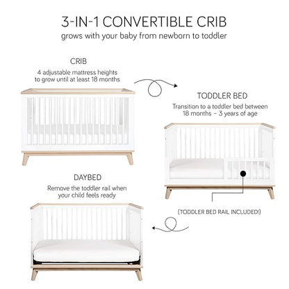 Babyletto Scoot 3-in-1 Convertible Crib with Toddler Bed Conversion Kit in White and Washed Natural, Greenguard Gold Certified