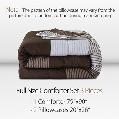 Andency Stripe Comforter Set Full Size (79x90 Inch), 3 Pieces Brown Patchwork Striped Comforter, Soft Microfiber Down Alternative Comforter Bedding Set with Corner Loops