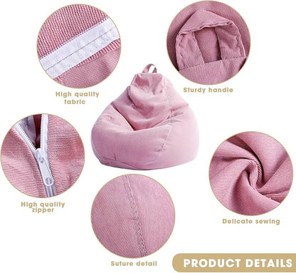 2 Pcs Bean Bag Cover Stuffed Animal Storage Bean Bag Chair Cover Soft Corduroy Stuffed Animal Bean Bag Storage for Kids Adults Indoor Bedroom Organizing Plush Toys(Pink, 100L)